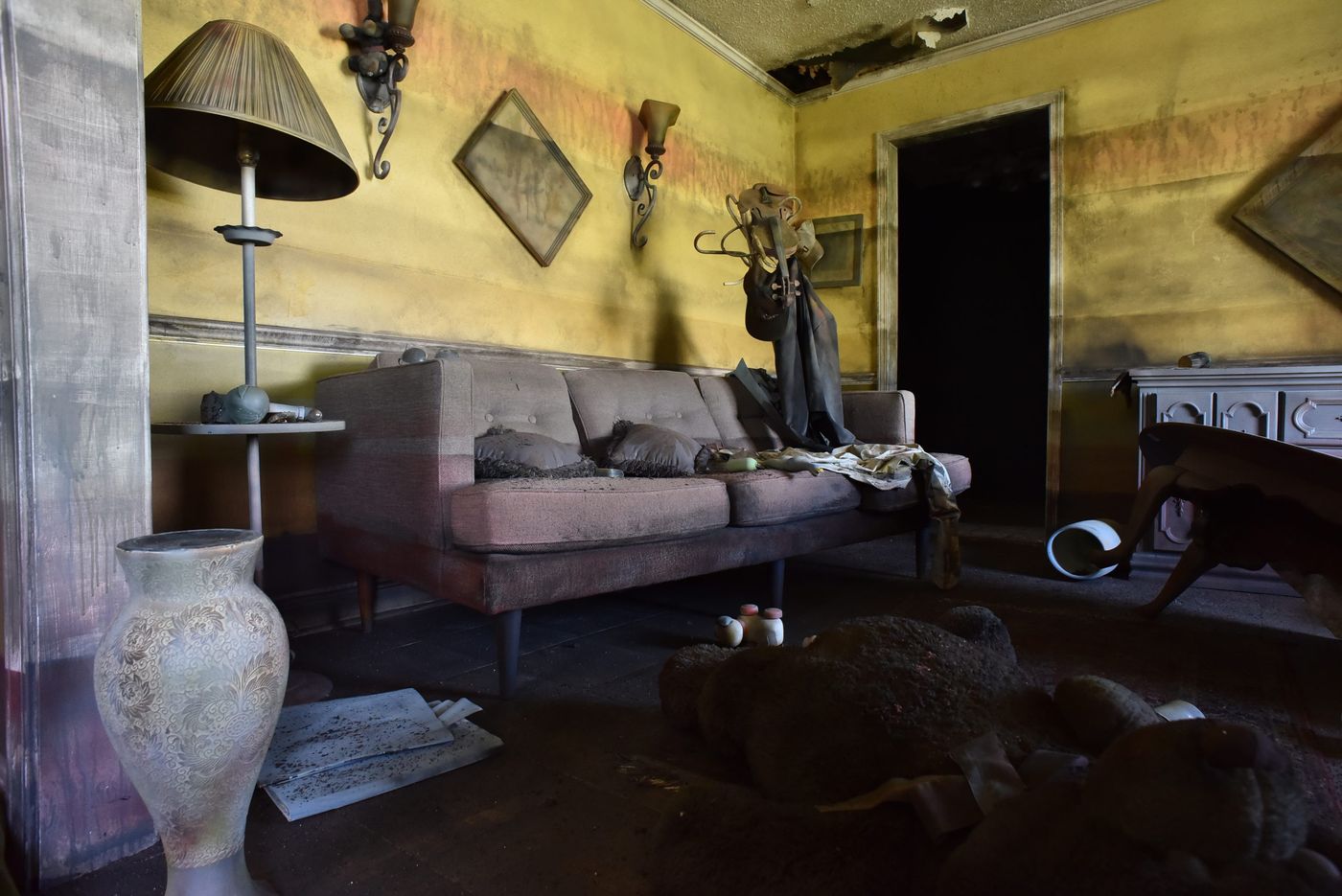 Staged flooded living room inside the Flooded House Museum